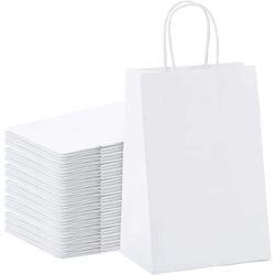 Aougo - 40X Kraftbeutel, Kraftpapiertüte mit Henkel, weiße Papier-Einkaufstüten, Kraftpapiertüte, Geschenktüten für Weihnachten, Muttertag, Ostern,