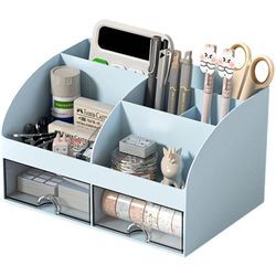 Sinbinta - Schreibtisch Organizer - Büro-Organizer mit 6 Fächern und 2 kleinen Schubladen, Desk Storage Box für Stiftehalter, Remote-Control und