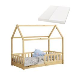 Juskys Kinderbett Marli 80 x 160 cm mit Matratze, Gitter, Lattenrost & Dach - Bett Natur