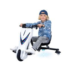 Elektro-Drift-Trike für Kinder, Drift-Scooter, bis zu 15km/h, drosselbar, Hupe, LED-Driftrollen 360° (Weiß Matt)