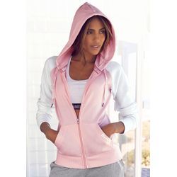 Kapuzensweatjacke BENCH. LOUNGEWEAR, Damen, Gr. 32/34, rosa (rosa, weiß), Sweatware, Obermaterial: 60% Baumwolle, 40% Polyester, mehrfarbig, Basic, bequem hüftbedeckend, ohne Ausschnitt, Langarm breiter Bund, Sweatjacken, mit farblich abgesetzten Ärmeln, Loungeanzug