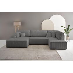 Wohnlandschaft ANDAS "FINNLEY U-Form XXL 329 cm, Schlafsofa, Schlaffunktion m. Bettkasten", grau (anthrazit), B:329cm H:85cm T:195cm, Bezugstoff 100% PES , Gramatur 400g/qm +/- 5%, Sofas, (194/139 cm), Bouclé, Struktur und Cord