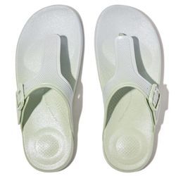 Zehentrenner FITFLOP "IQUSHION IRIDESCENT ADJUSTABLE BUCKLE" Gr. 36, bunt (mint, hellblau) Damen Schuhe Zehentrenner Keilabsatz, Sommerschuh, Schlappen mit verstellbarer Schnalle