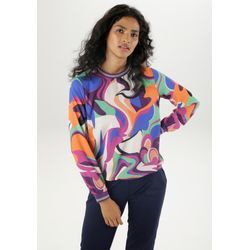 Shirtbluse ANISTON SELECTED Gr. 34, bunt (sanftes weiß, lila, fuchsia, blau, grün, orange, apricot, schwarz) Damen Blusen mit farbenfrohem Print und Streifen auf den Bündchen