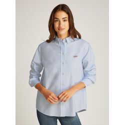 Hemdbluse TOMMY JEANS "TJW RLX SCRIPT OXFORD SHIRT" Gr. L (40), blau (sweet blau), Damen, Web, Obermaterial: 100% Baumwolle, unifarben, Blusen, mit Logo-Stickereien