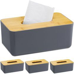 4 x Taschentuchbox, nachfüllbar, Badezimmer, Tücherbox mit Bambus-Deckel, Kunststoff, HxBxT: 10x23x13 cm, grau/natur