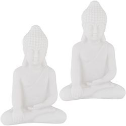 2 x Buddha Figur sitzend, 17 cm hoch, Garten-Dekofigur, wetterfest & frostsicher, Dekoskulptur Wohnzimmer, weiß