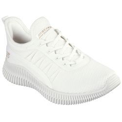 Slip-On Sneaker SKECHERS "BOBS GEO-NEW AESTHETICS", Damen, Gr. 35, weiß (sanftes weiß), Textil, sportlich, Schuhe, Freizeitschuh, Schlupfschuh in veganer Verarbeitung, Topseller