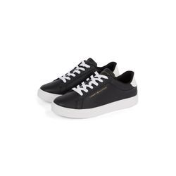 Plateausneaker TOMMY HILFIGER "ESSENTIAL COURT SNEAKER", Damen, Gr. 37, schwarz-weiß (schwarz, weiß), Leder, Lederimitat, sportlich, Schuhe, Freizeitschuh, Halbschuh, Schnürschuh mit Logoschriftzug