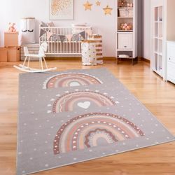 Kinderteppich PACO HOME "Eliz 392", grau (grau, beige), B:160cm H:12mm L:220cm, Polyester, Teppiche, Kurzflor, Spielteppich, Patchwork-Muster, Motiv Punkte & Regenbogen