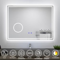 Led Badspiegel 80x60cm mit Uhr Bluetooth 3 Lichtfarbe Dimmbar Beschlagfrei 3-Fach klares vergrößertes Speicherfunktion