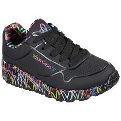 Sneaker SKECHERS "UNO LITE-LOVELY LUV" Gr. 27, schwarz, multi, 2, Kinder, Lederimitat, Textil, kontrastfarbene Details, Schuhe, Schnürschuh mit bedruckter Sohle, Größenschablone zum Download