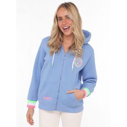 Sweatjacke ZWILLINGSHERZ Gr. LXL, blau (hellblau), Damen, Sweatware, Obermaterial: 50% Baumwolle, 50% Polyester, unifarben, Sweatjacken Zip-Hoodie, mit Kapuze, Backprint, Detailprint vorne