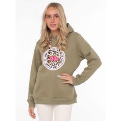 Hoodie ZWILLINGSHERZ Gr. S/M, grün (khaki), Damen, Obermaterial: 50% Baumwolle, Polyester, Sweatshirts mit "Wild at Heart"-Aufdruck und Bindebänder in Leo-Optik