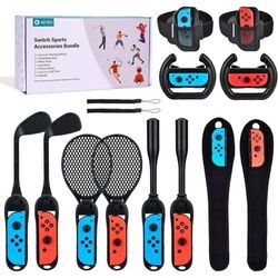 Ns Switch Sports Accessories Bundle,14 in 1 Accessories Kit for Switch Sports Games, Steering Wheels, Tennis Rackets,Sword Grips, Golf Clubs, Wrist