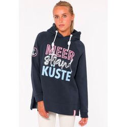 Hoodie ZWILLINGSHERZ "Meer Strand Küste" Gr. S/M, blau (marine), Damen, Obermaterial: 50% Baumwolle, 50% Polyester, unifarben mit Farbeinsätzen, Sweatshirts, mit Kapuze, Pailletten-Schriftzug und aufgesticktem Anker-Motiv