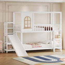 Redom - Etagenbett für Kinderbett 90200 cm, Massivholz-Doppelbett, Hausform mit Fenster, Sicherheitsgitter-Design, mit Rutsche und Sicherheitsleiter,