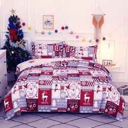 Weihnachts-Patchwork-Bettbezug-Set 200 x 200 cm mit 2 Kissenbezügen 50 x 75 cm, Mikrofaser-Bettwäsche-Set