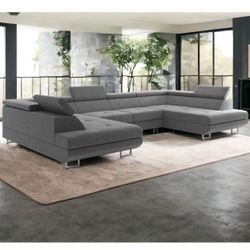 Wohnlandschaft U–Form Ecksofa Monaco Webstoff Grau mit Bett Bettkasten Kopfteilverstellung Bigsofa