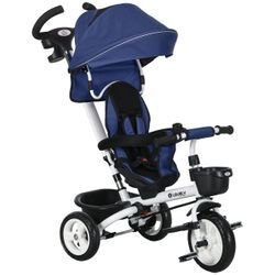 6 in 1 Dreirad mit Schubstange, Kinderdreirad mit Sicherheitsgurt Blau