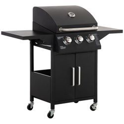 Gasgrill BBQ mit 3 Brennern je 3 kw mobiler Grillwagen mit 4 Rädern Grillnetz Seitentischen Druckmin