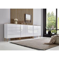 BMG Möbel Sideboard mit Holzfüße »Mailand Set 7«, Korpus weiß matt und weiß lackierte Hochglanzfronten, Oberboden in Artisan Eiche