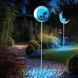 Solarleuchte Mond Außenleuchte Gartenstecker Solarlampe Steckleuchte Fee, Metall blau silber, Akku warmweiß, LED Leuchtmittel, H 90 cm, 2er Set