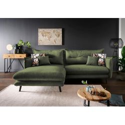 Ecksofa INOSIGN "Lazio", grün (dunkelgrün), Sofas, B/H/T: 255cm x 94cm x 180cm, Velours, Recamiere links zwei verschiedene Fußfarben wählbar