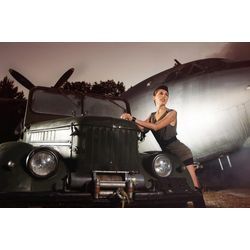 Fototapete PAPERMOON "JEEP-FLUGZEUG VINTAGE RETRO AUTO OLDTIMER MODEL USA", bunt, B:4,50m L:2,80m, Vlies, Tapeten