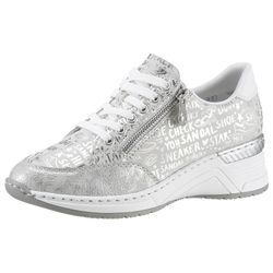 Sneaker RIEKER Gr. 39, silber (silberfarben, metallic), Damen, Lederimitat, metallic, Schuhe, mit Lettern bedruckt, Freizeitschuh, Halbschuh, Schnürschuh