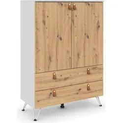 Hochkommode RAUCH "Homey by Aditio", grau (seidengrau, eiche artisan), B:93cm H:130cm T:43cm, Holzwerkstoff, Sideboards, mit Grifflaschen in Leder, 2 Schubladen mit Softclose-Funktion