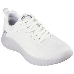 Sneaker SKECHERS "BOBS GEO-HOW DEBONAIR", Herren, Gr. 42, weiß (sanftes weiß), Lederimitat, sportlich, Schuhe, Freizeitschuh, Halbschuh, Schnürschuh im monochrome Look