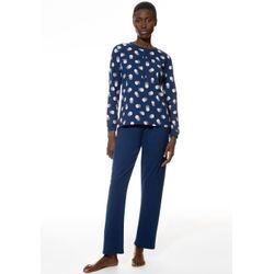 Schlafanzug MEY "SCRIBBLED DOTS", Damen, Gr. 44, blau (deep marine), Single Jersey, Obermaterial: 100% Baumwolle, casual, lang, Rundhals, Langarm angesetztes Bündchen, Homewear-Sets, Rundhalsausschnitt mit Knopfleiste