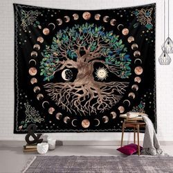 Baum des Lebens Wandteppich Wandbehang Mond Sonne Schwarz Psychedelischer Wandteppich Mandala Sternenhimmel Hippie Wandteppich für Schlafzimmer