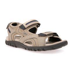 Sandale GEOX "UOMO SANDAL STRADA" Gr. 43, blau (sandfarben, navy), Herren, Lederimitat, Schuhe, Sommerschuh, Klettschuh, Outdoorsandale, im Trekking-Look