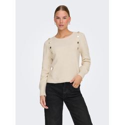 Strickpullover ONLY "ONLJEANETT LIFE LS BUTTON O-NECK CS KNT" Gr. L (40), birch detail:light gold buttons, Damen, Strick, Obermaterial: 88% Polyester, 6% Elasthan, 6% Nylon, unifarben, Pullover