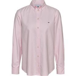 Hemdbluse TOMMY JEANS "TJW REG OXFORD SHIRT" Gr. L (40), pink (pink, weiß), Damen, Web, Obermaterial: 100% Baumwolle, gestreift, Blusen, mit Logostickerei