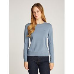 Rundhalspullover TOMMY HILFIGER "CO JERSEY STITCH LS C-NK SWT", Damen, Gr. L (40), blau (flint blau), Strick, Obermaterial: 67% Baumwolle, 33% Polyamid, unifarben, casual, normal hüftlang, Rundhals, Langarm Bündchen, Pullover, mit Logostickerei