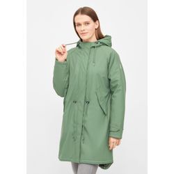 Regen- und Matschjacke DERBE "Friese Tidaholm Leo", Damen, Gr. 36, grün (hedge grün, leo), Obermaterial: 100% Polyester; Futter: 100% Polyester; Beschichtung: Polyurethan, feminin, tailored fit, Langarm Raglanärmel normaler Saum, Jacken, Wasserabweisend, winddicht, gefüttert, Kapuze