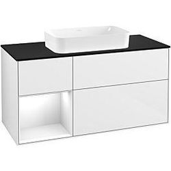 Villeroy und Boch Finion Waschtischunterschrank G292GFGF 120cm, Abdeckplatte black matt, Emotion, Regal links Glossy white lacquer, Glossy white lacquer