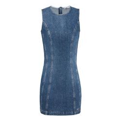 Jeanskleid TOMMY JEANS "MINI DRESS AI6136", Damen, Gr. L (40), N-Gr, blau (denim medium), Denim/Jeans, Obermaterial: 99% Baumwolle, 1% Elasthan, unifarben, casual, slim fit mini, Rundhals, Kleider, mit Strass-Details