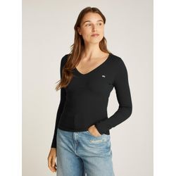 Langarmshirt TOMMY JEANS "TJW SLIM ESSENTIAL RIB V LS", Damen, Gr. XL (42), schwarz, Rippware, Obermaterial: 95% Baumwolle, 5% Elasthan, unifarben, Basic, schmal hüftlang, V-Ausschnitt, Langarm abgesteppt, Shirts, mit Logostickerei