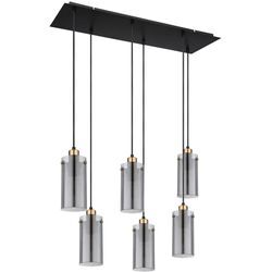 Hängeleuchte Esstischlampe Pendelleuchte Wohnzimmerlampe, Glas rauch Metall schwarz, Fassungen 6x E27 LxBxH 75x24x120 cm