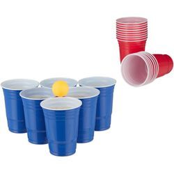 Relaxdays Bierpong Becher Set, Bier Pong Set mit 6 Bällen, 50 Beer Pong Becher, Trinkspiel, Partybecher 16 oz, rot/blau