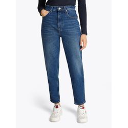 Mom-Jeans TOMMY JEANS "Tommy Jeans - High waist - Mom-Jeans", Damen, Gr. 31, Länge 30, blau (denim schwarz), Denim/Jeans, Obermaterial: 99% Baumwolle, 1% Elasthan, unifarben, casual, regular fit knöchellang, Jeans, mit Logo-Stickereien