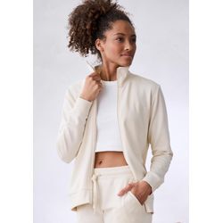 Sweatjacke BENCH. LOUNGEWEAR, Damen, Gr. 32/34, beige (sand), Interlock, Obermaterial: 60% Baumwolle, 40% Polyester, Basic, bequem hüftlang, Langarm Rippbündchen, Sweatjacken, mit bestickten Stehkragen, Loungeanzug