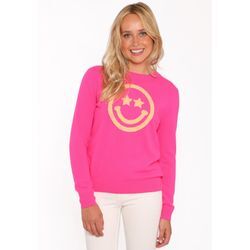 Kaschmirpullover ZWILLINGSHERZ "Roundneck "Smiley Face"", Damen, Gr. L, pink (neonpink), Feinstrick, Obermaterial: 100% Kaschmir, modisch, normal hüftbedeckend, Rundhals, Langarm Rippstrickbündchen, Pullover, in Neonpink mit orangen Smiley