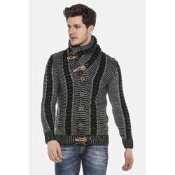 Cardigan CIPO & BAXX "Strickjacke", Herren, Gr. L, schwarz (schwarz, grau), 100% Polyacryl, unifarben, casual, regular fit, Rundhals, Langarm, Strickjacken, mit Knopfleiste, CP215