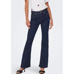 Bootcut-Jeans ONLY "ONLWAUW LIFE HW FLARED RINSE DNM" Gr. L (40), Länge 32, blau (dunkelblau denim), Damen, Denim/Jeans, Obermaterial: 64% Baumwolle, 31% Polyester, 3% Viskose, 2% Elasthan, Abriebeffekte, Jeans, mit Stretch