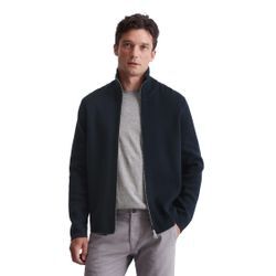 Strickjacke MARC O'POLO "Zipped Trainer Jacket", Herren, Gr. M, blau (schwarz navy), Strick, Obermaterial: 100% Baumwolle, unifarben, casual, Langarm eingesetzt ohne Bündchen, Strickjacken, mit 2-Wege-Reißverschluss, Stehkragen